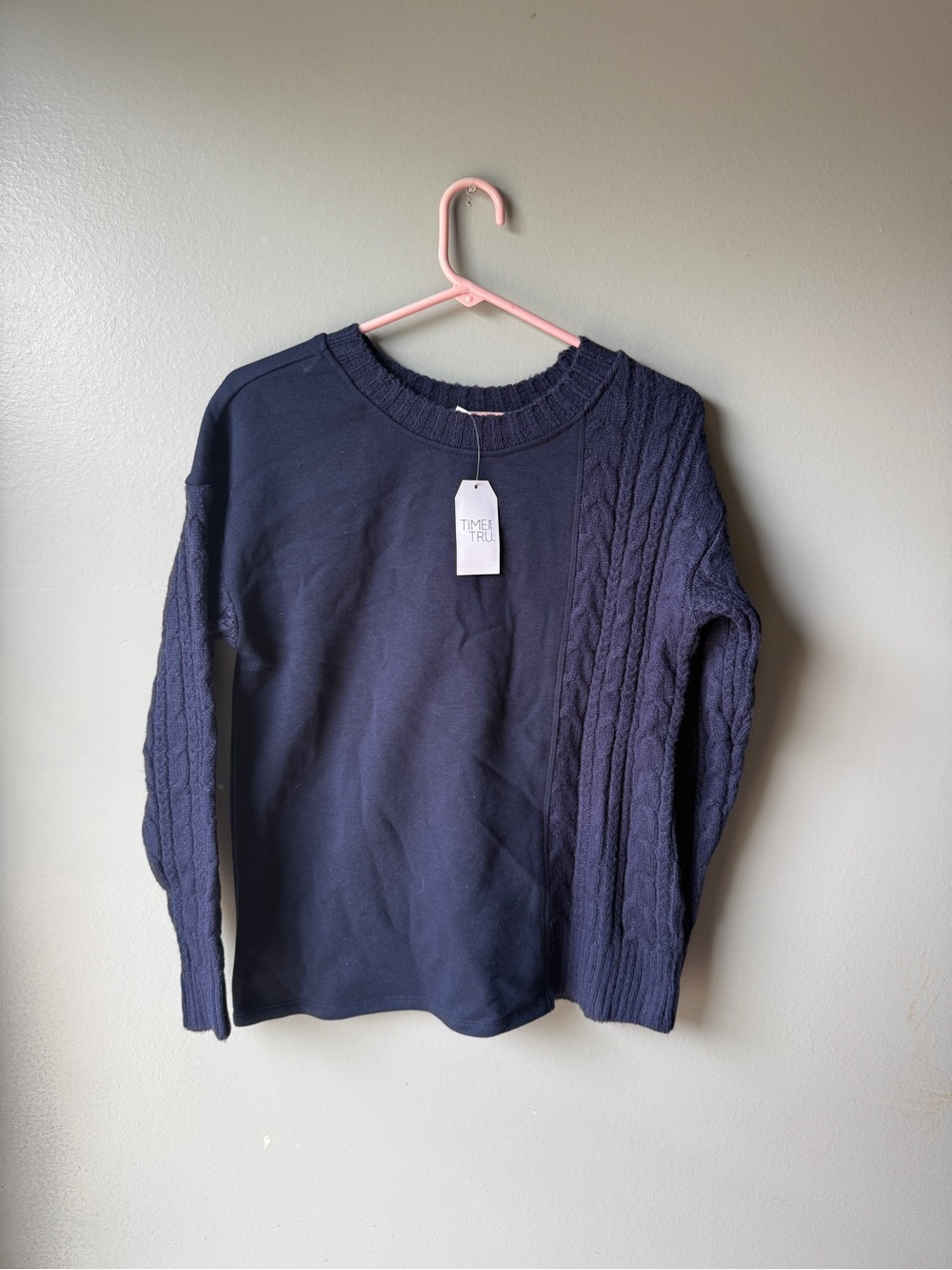 NWT Cable Knit Mixed Media Sweater Navy Blue Crewneck Cozy Women’s Small